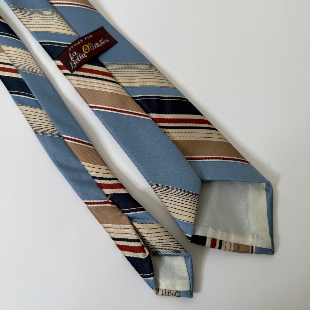 VTG La Bella Collection Striped Mens Necktie Blue Tan Formal Occasion Career Tie - Picture 4 of 5